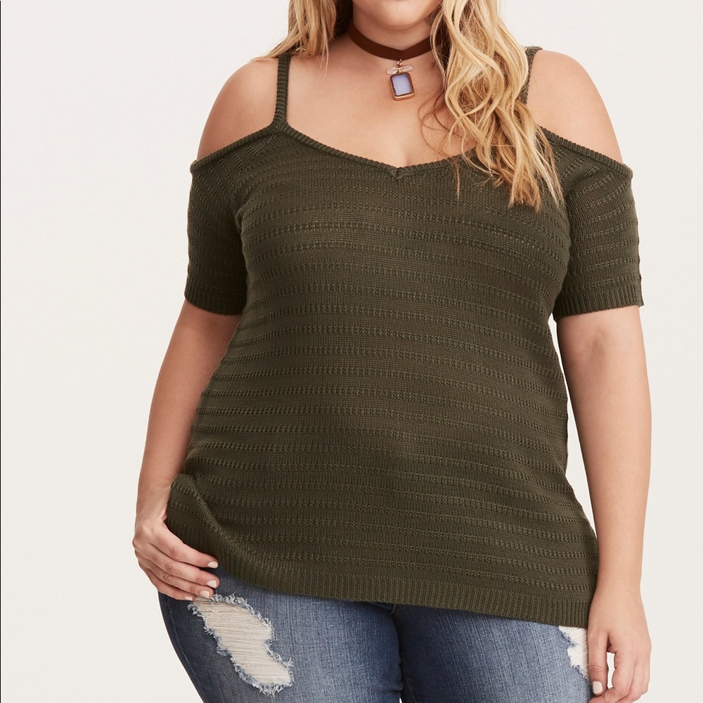 Olive green knit strappy cold shoulder top